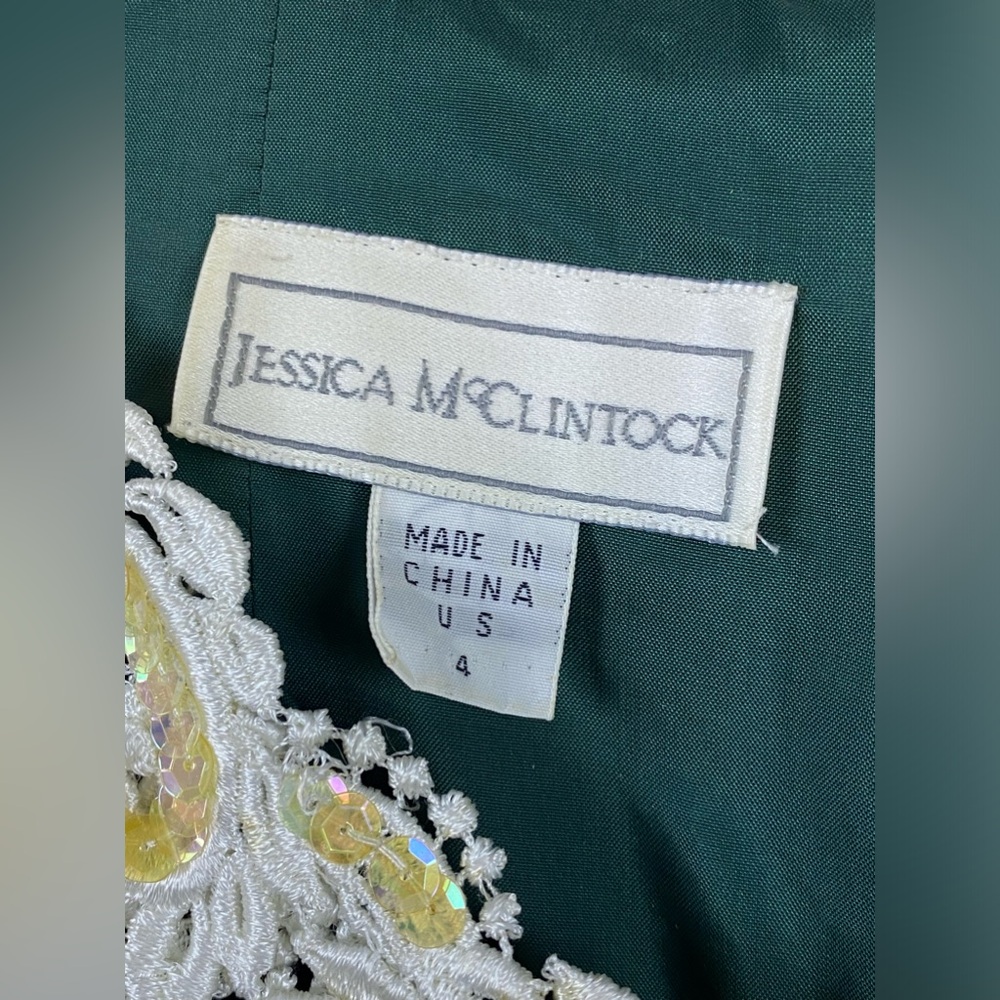Jessica McClintok Vintage Velvet Lace and Beaded Dress 4 Green 80’s Petticoat - Picture 6 of 12